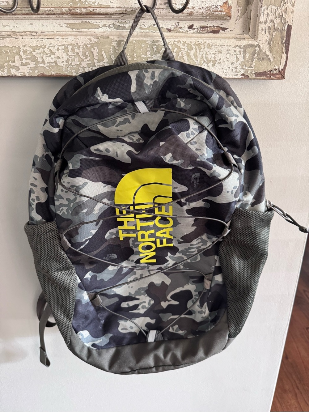 The North Face Grey Camo Kids Backpack with Yellow Logo
